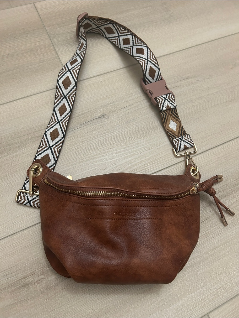 Leather Belt Bag with Patterned Strap - Brown